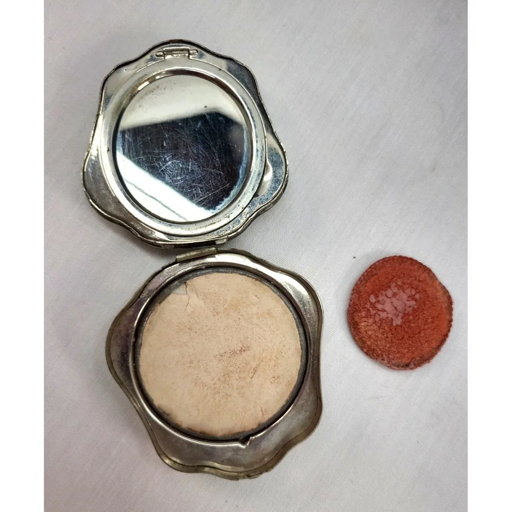 LT Piver Antique Powder Compact w Mirror 2 intact powders and Powder Puff Silver